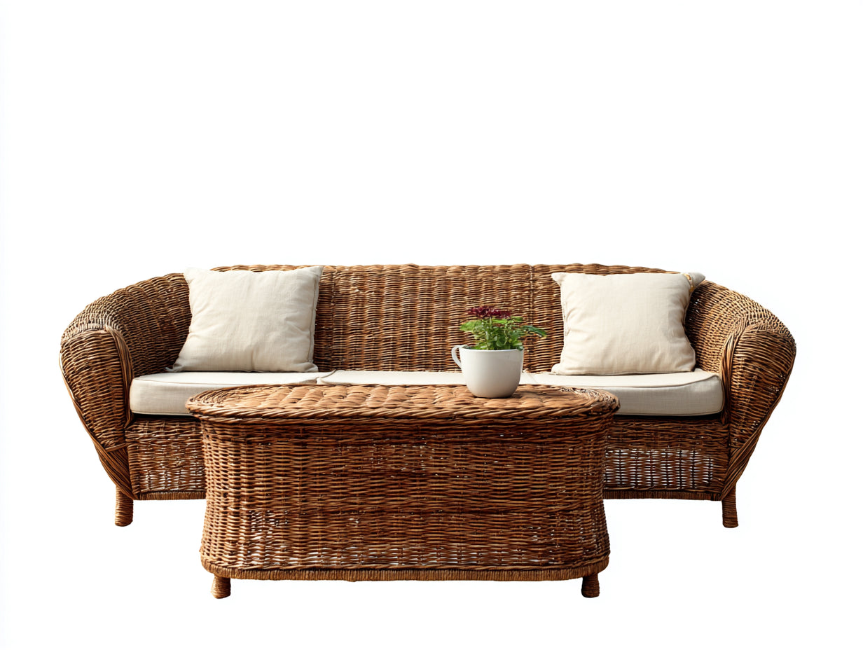 Sofás de exterior de ratán natural 210x86x78 cm - Con mesa de centro - Diseño clásico para jardín