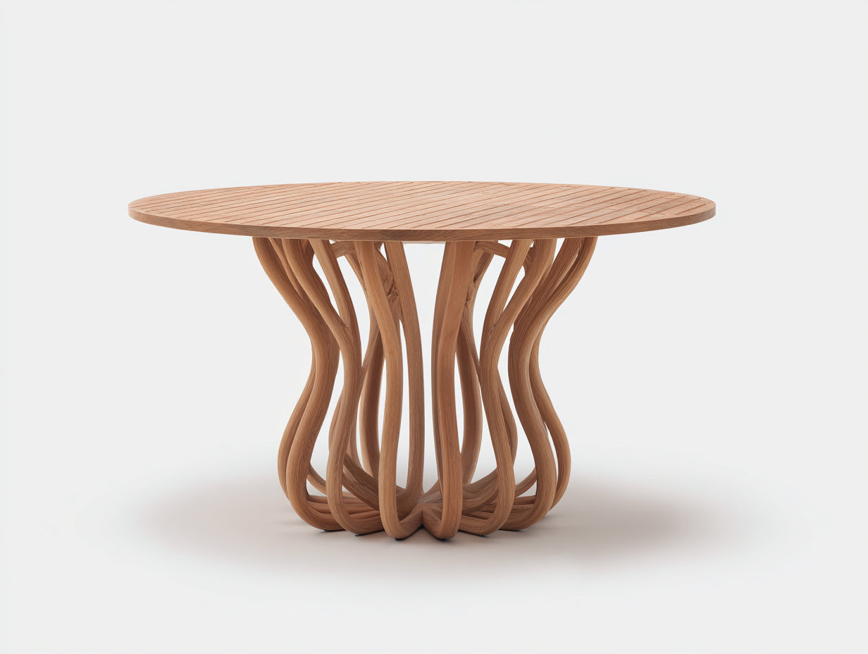 Mesas de jardín 120x120x76 cm - madera marrón para exterior - diseño redondo con base escultórica