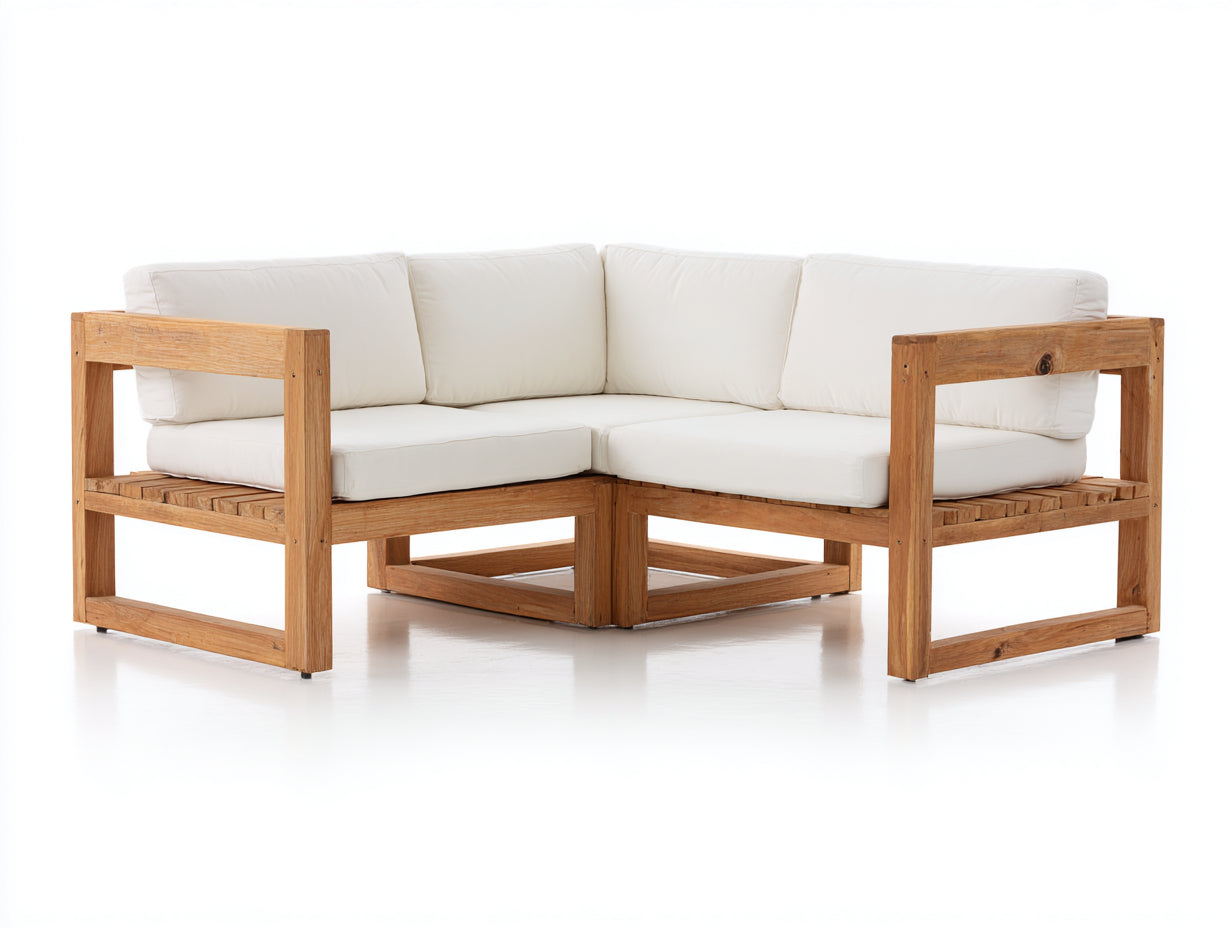 Sofás de exterior de madera marrón y cojines blancos - 220x220x72 cm - diseño esquinero moderno para jardín