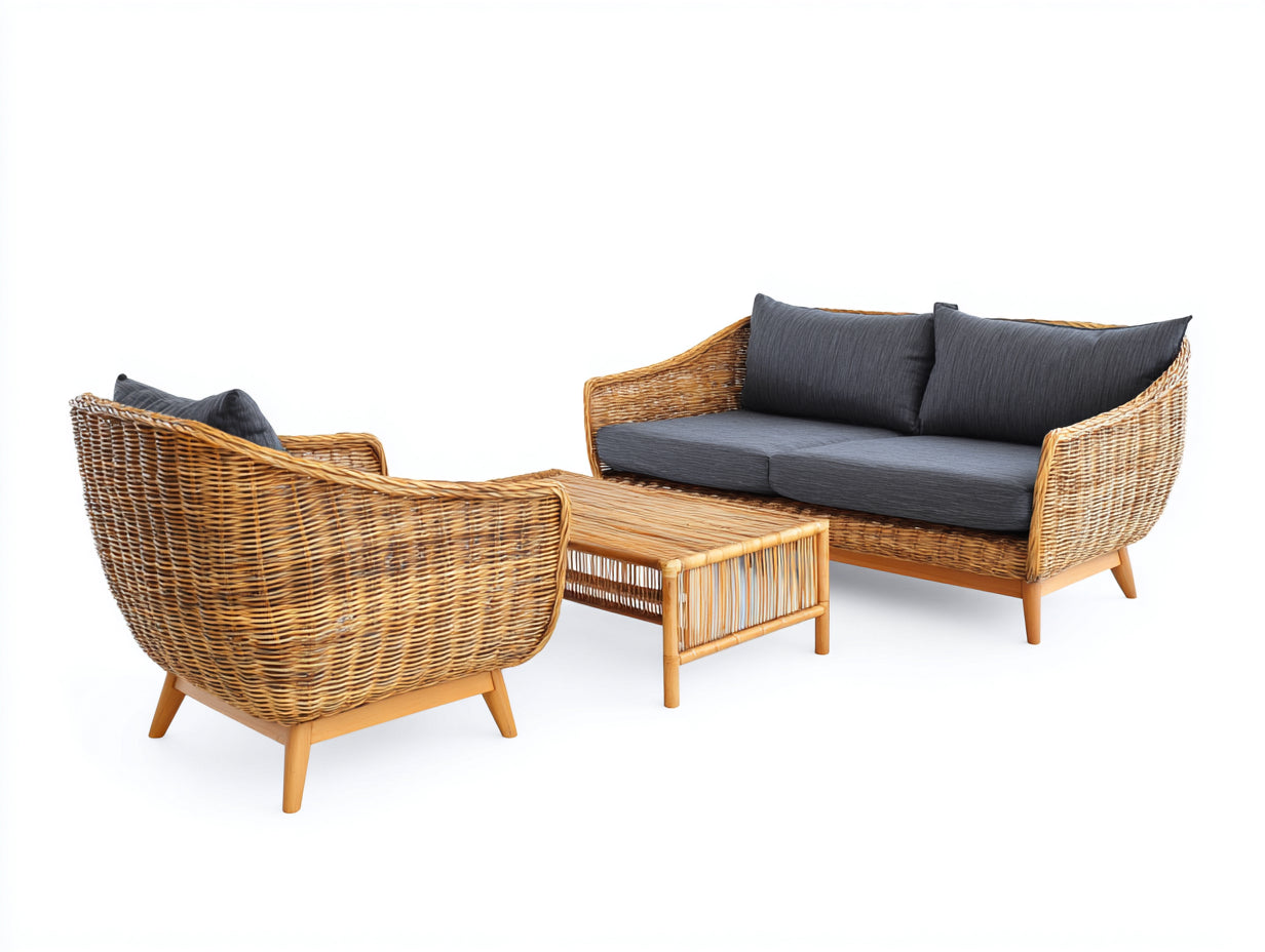 Sofás de exterior 180x78x82 cm - ratán marrón y tela gris para jardín - conjunto con mesa de centro