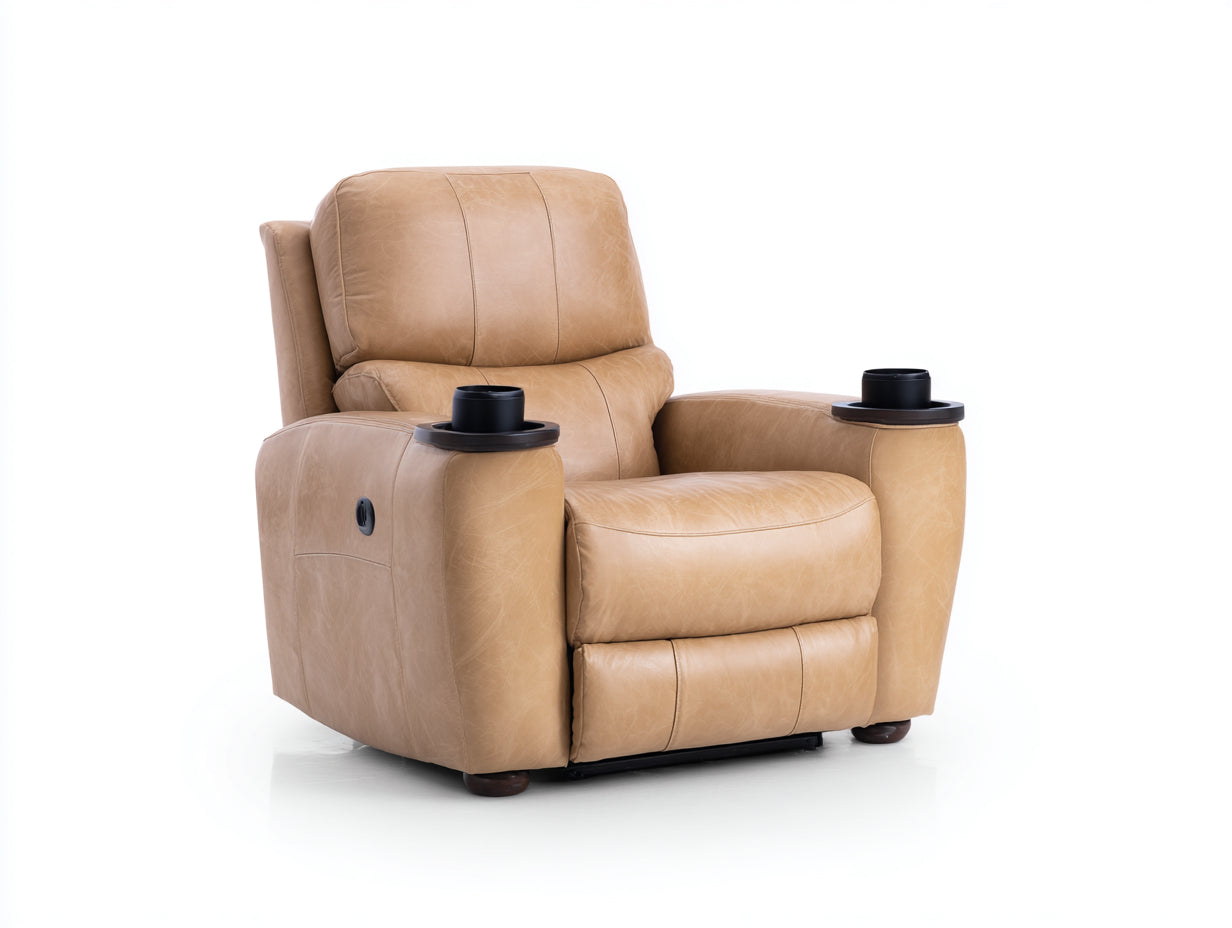 Sillones reclinables 102x96x104 cm - cuero sintético beige para salón - diseño con portavasos y reposapiés