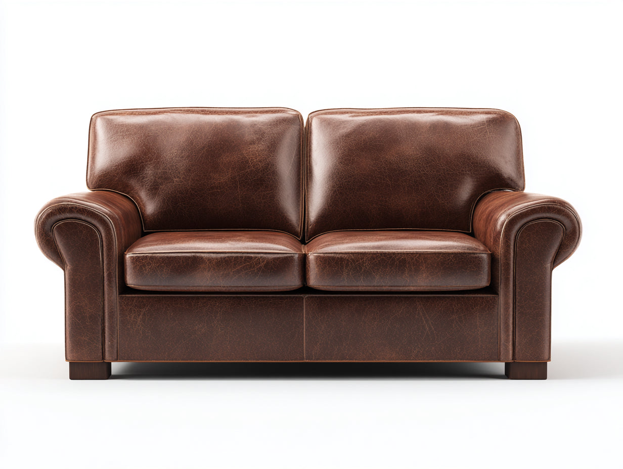 Sofás 2 plazas de cuero marrón oscuro 188x88x82 cm - Brazos enrollados - Diseño clásico para salón