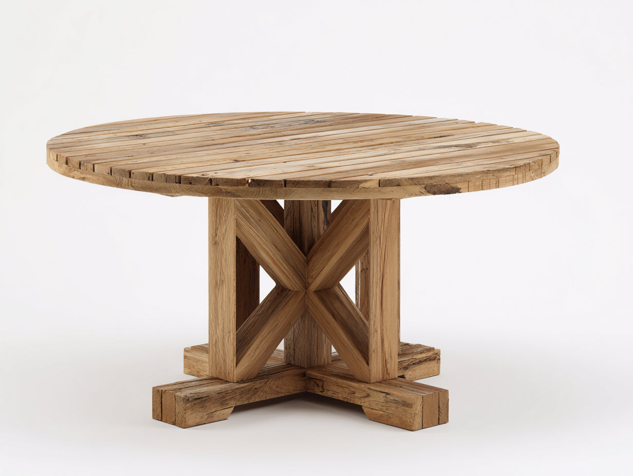Mesas de jardín de madera natural 130x130x76 cm para exterior - diseño redondo rústico